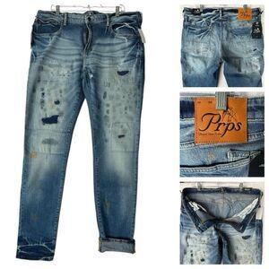 PRPS Men's 38x35 Windsor Tapered Skinny Fit Distressed Stretch Indigo Jeans NWT